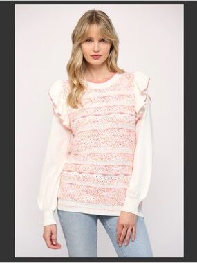 NWT FATE Coral & White Striped Crochet Knit Ruffle Sleeve Sweater